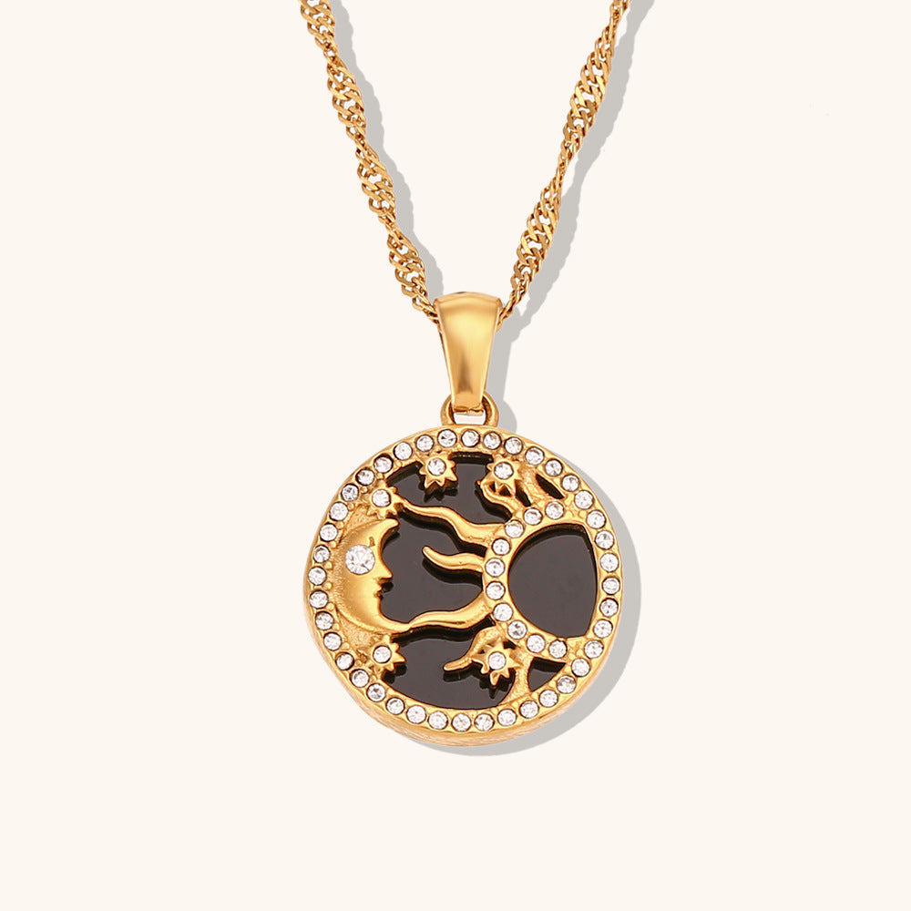 Circle Moon & Sun Retro Classic Pendant White Diamonds Luxury 18k Vermeil Gold Plated Necklace Jewelry | Mix Mix Style-Mix MIx Style