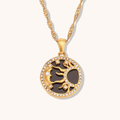 Circle Moon & Sun Retro Classic Pendant White Diamonds Luxury 18k Vermeil Gold Plated Necklace Jewelry | Mix Mix Style-Mix MIx Style