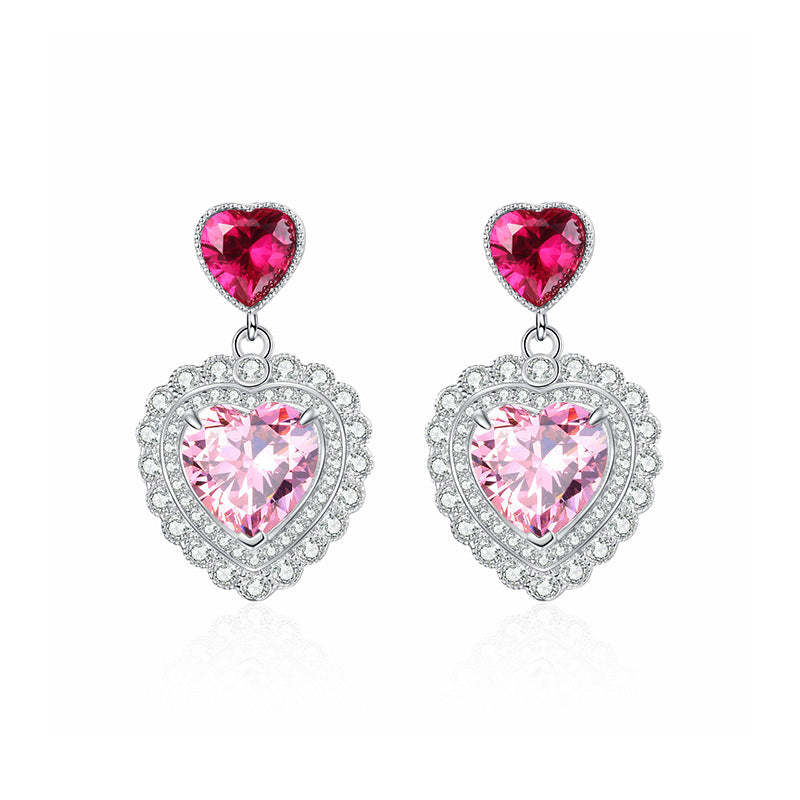 S925 sterling silver love cherry blossom pink gem earrings female heart-shaped earrings hot girl temperament high-end light luxury earrings-Mix MIx Style