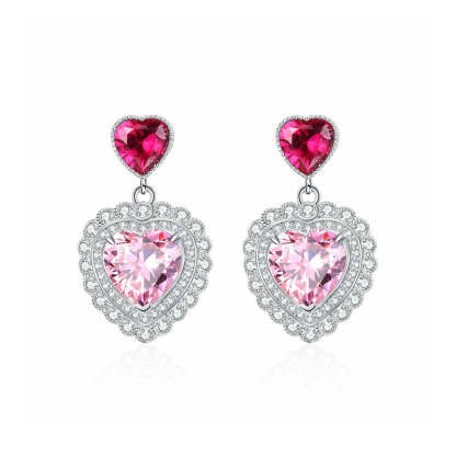 S925 sterling silver love cherry blossom pink gem earrings female heart-shaped earrings hot girl temperament high-end light luxury earrings-Mix MIx Style