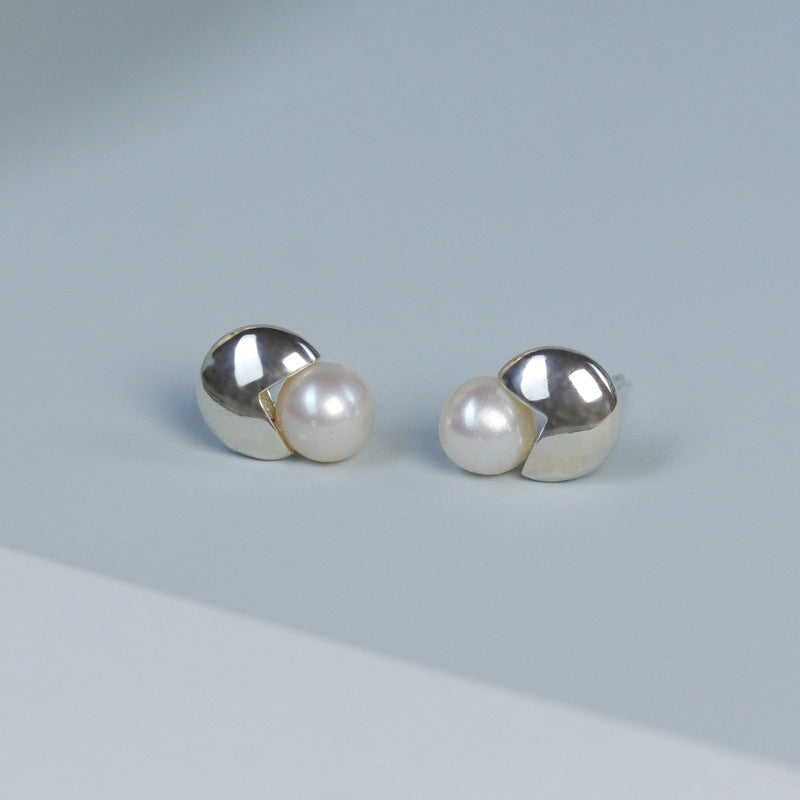 Two-color Circle White Akoya Pearl Elegant 18k White/Vermeil Gold Plated Stud Earrings | Mix Mix Style-Mix MIx Style