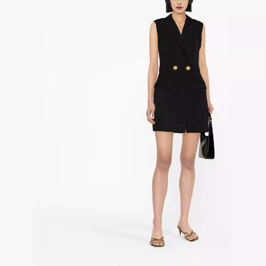 Summer new style suit collar double-breasted two-button slim back zipper mid-length women's vest fashion jacket-Mix MIx Style