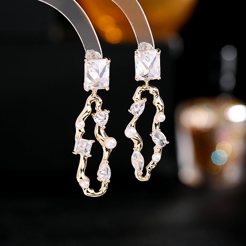 s925 silver needle Korean Dongdaemun new earrings geometric asymmetric super flash square love zircon earrings wholesale-Mix MIx Style