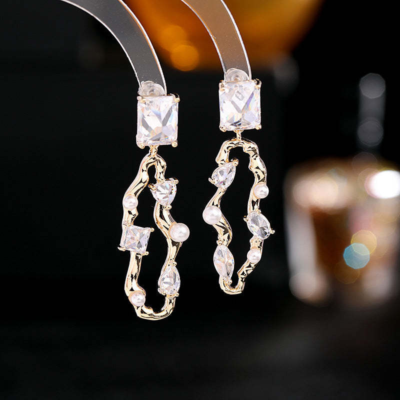 s925 silver needle Korean Dongdaemun new earrings geometric asymmetric super flash square love zircon earrings wholesale-Mix MIx Style