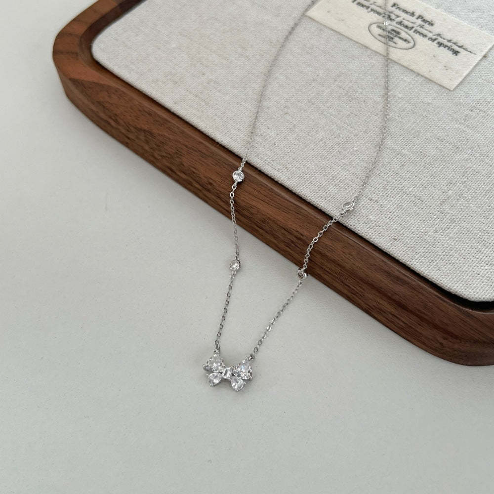 Linlang s925 sterling silver butterfly necklace for women inlaid with fat triangle zircon light luxury simple bow pendant clavicle chain-Mix MIx Style