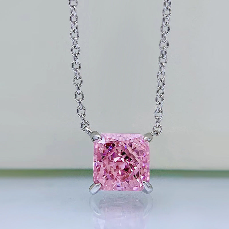 Mujing Jewelry New Pink High 2.5ct Carbon Diamond Pendant Inlaid 8*8 Geometric Simple 925 Silver Necklace 40+3-Mix MIx Style