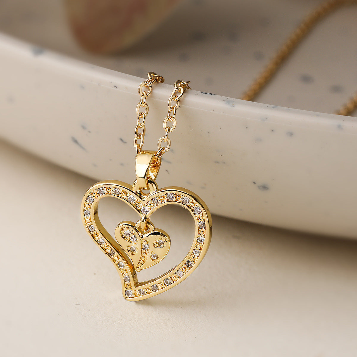 Golden Heart Vintage Pendant White Diamonds Love 18k Vermeil Gold Plated Necklace Jewelry | Mix Mix Style-Mix MIx Style