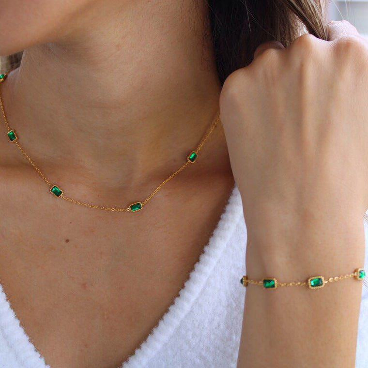 Square Emerald Moissanite Luxury 18k Gold Plated Chain Clavicle Necklace & Bracelet | Mix Mix Style [Hot Seller]-Mix MIx Style