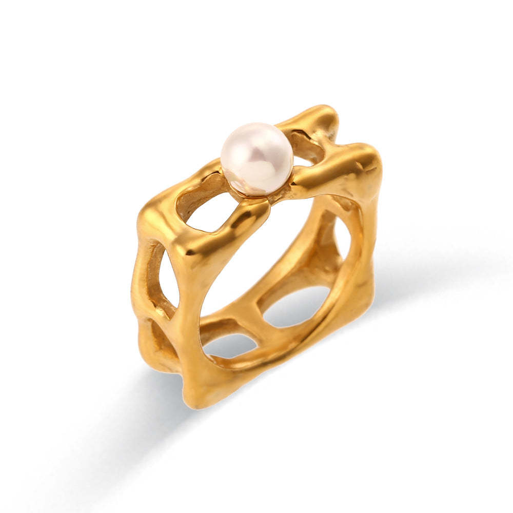 Geometric Vintage Solid White Centre Akoya Pearl Elegant 18k Vermeil Gold Plated Ring Jewelry | Mix Mix Style-Mix MIx Style