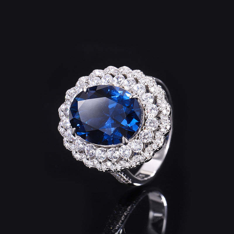 S925 silver European and American fashion set Douyin hot sale simulated sapphire blue dan-shaped pendant ring 16*12 earrings 6*8-Mix MIx Style