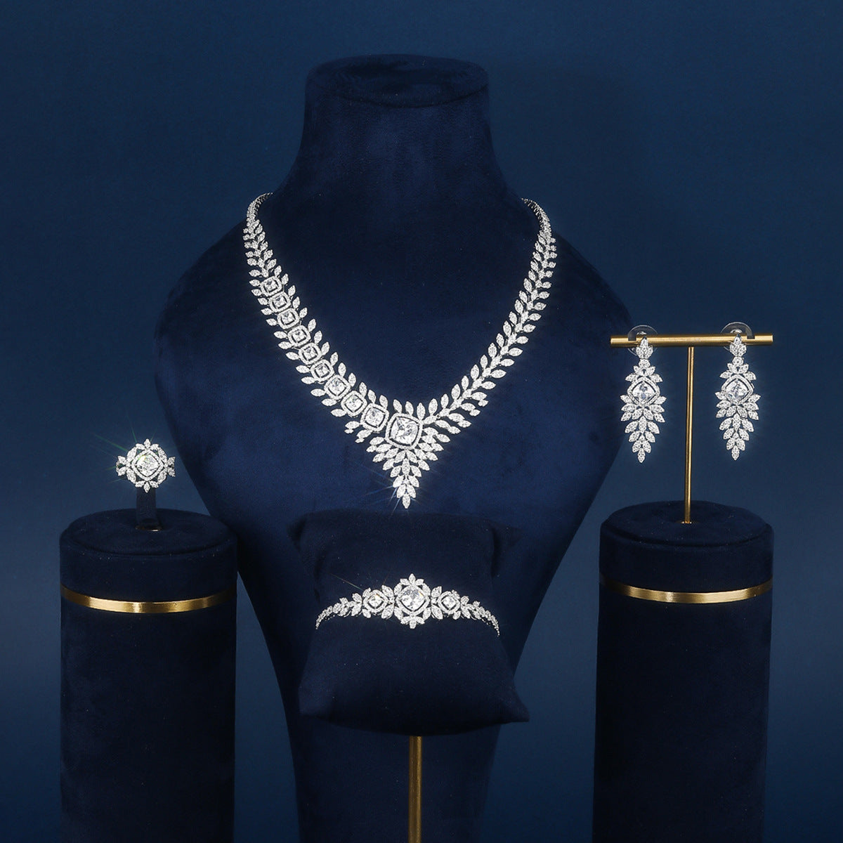 Wedding language European and American exaggerated luxury temperament full diamond bridal wedding suit fashionable rhinestone shiny four-piece jewelry-Mix MIx Style