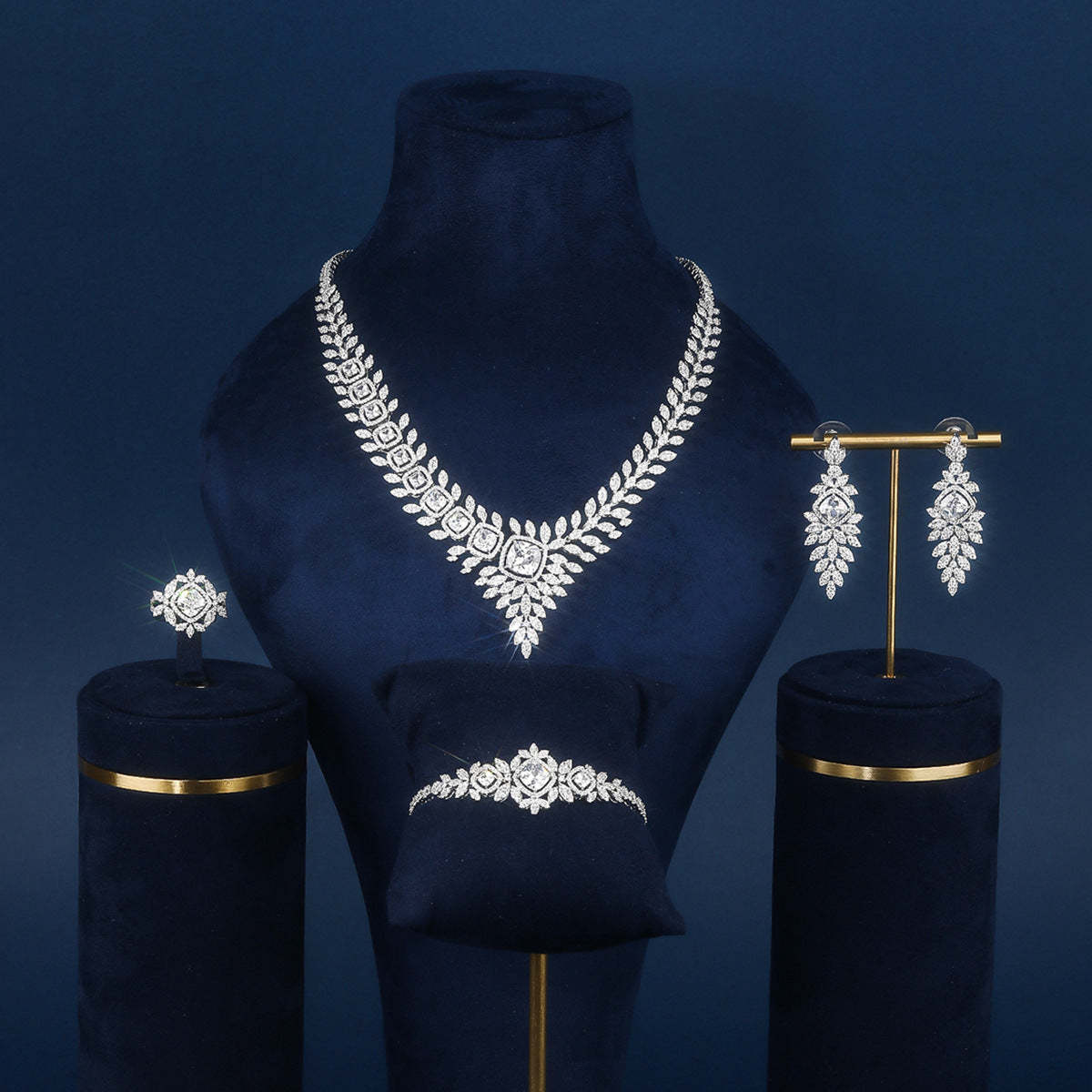 Wedding language European and American exaggerated luxury temperament full diamond bridal wedding suit fashionable rhinestone shiny four-piece jewelry-Mix MIx Style