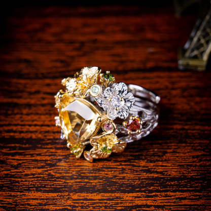 Imitation natural citrine colored gemstone ring Italian court jewelry craftsmanship brilliant high-end open ring-Mix MIx Style