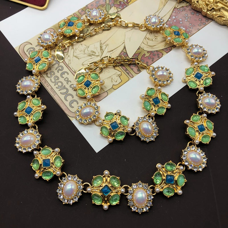 Green Flower Retro Akoya Pearls & Diamonds Luxurious 18k Gold Plated Necklace Bracelet Jewelry Set | Mix Mix Style-Mix MIx Style