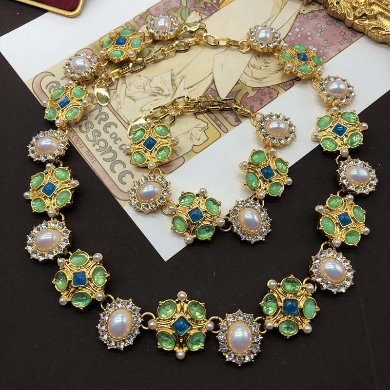 Green Flower Retro Akoya Pearls & Diamonds Luxurious 18k Gold Plated Necklace Bracelet Jewelry Set | Mix Mix Style-Mix MIx Style