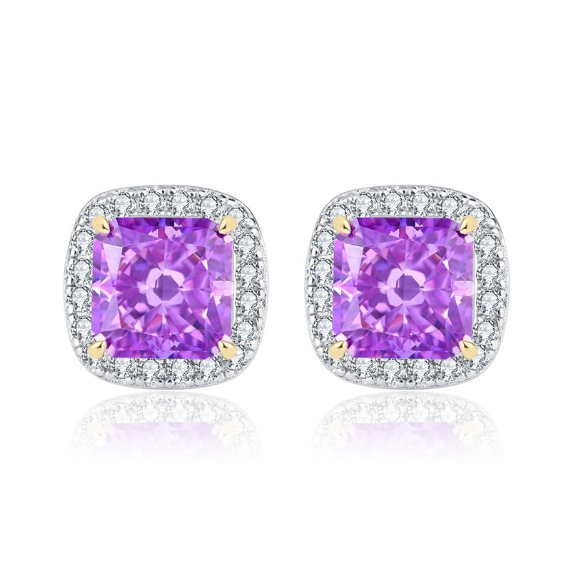 Purple - Blue - Yellow Classic Cushion Cut Moissanite Diamonds 2ct Luxury 18k White Gold Plated Stud Earrings | Mix Mix Style-Mix MIx Style
