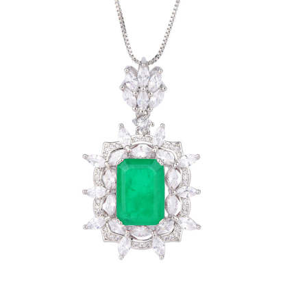 Green Aquamarine Retro Pendant Emerald Cut Diamond Luxury 18k White Gold Plated Necklace Earring Ring Jewelry Set | Mix Mix Style-Mix MIx Style