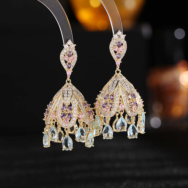 French court style exaggerated atmosphere heavy earrings s925 silver needle zircon inlaid high-grade chandelier wind chime earrings-Mix MIx Style