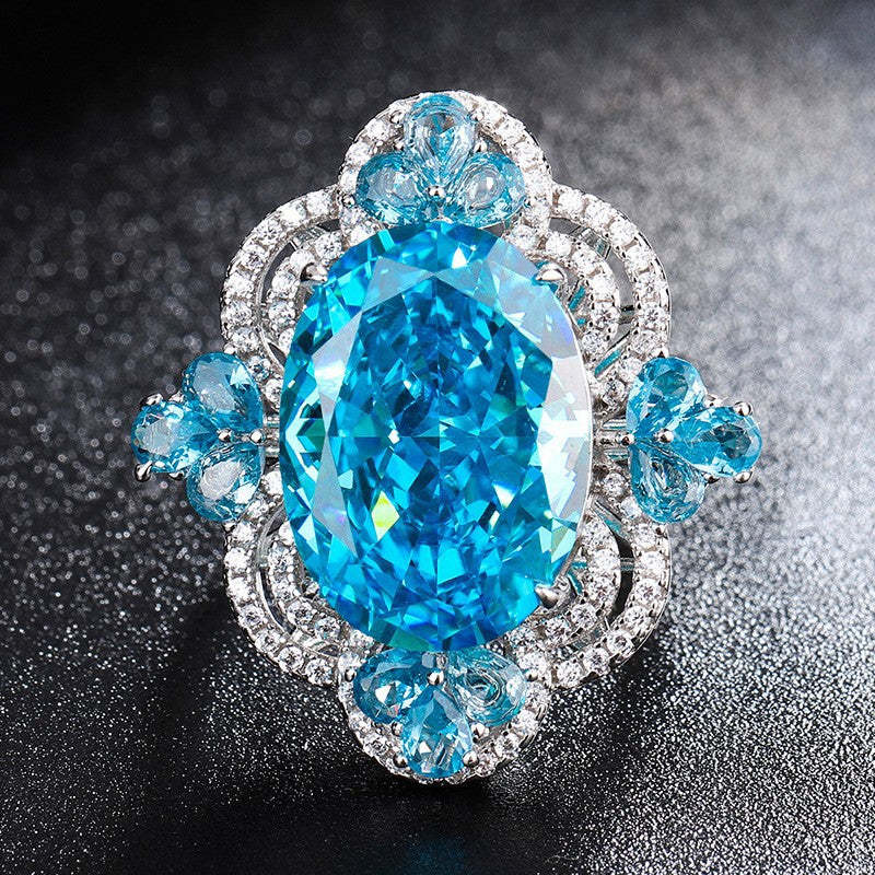 S925 Silver Douyin Popular High Carbon Diamond Radiant Cut Aquamarine Pendant Necklace Ring Stone 18*13 Set-Mix MIx Style