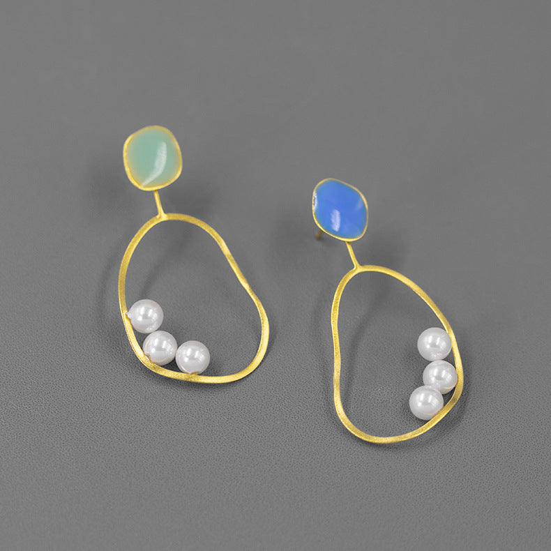 Irregular Green - Blue Minimalist Akoya Pearls Moissanite Diamonds 18k White/Vermeil Gold Plated Drop Earrings | Mix Mix Style-Mix MIx Style