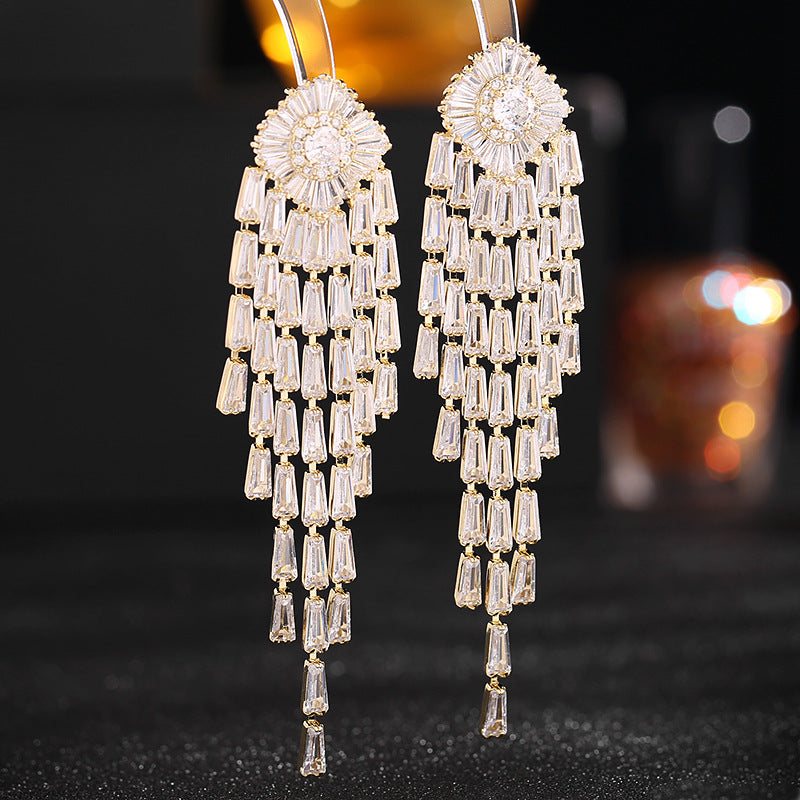 French elegant temperament exaggerated earrings wholesale women's super flash zircon inlaid light luxury high-end long tassel earrings-Mix MIx Style