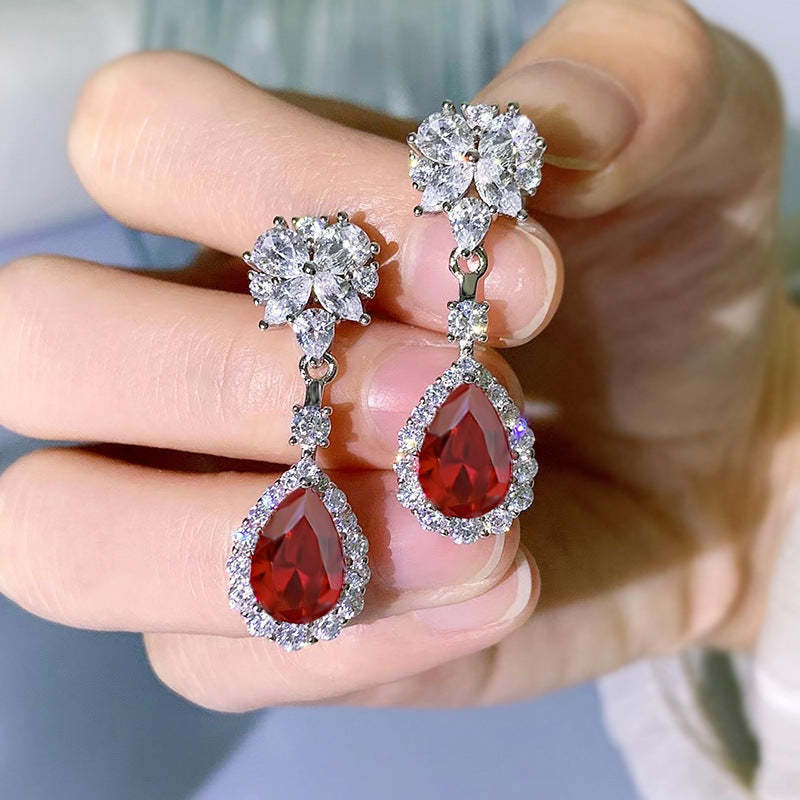 Red Dazzling Pear Cut Moissanite Diamonds Luxury 18k White Gold Plated Drop Earrings | Mix Mix Style-Mix MIx Style