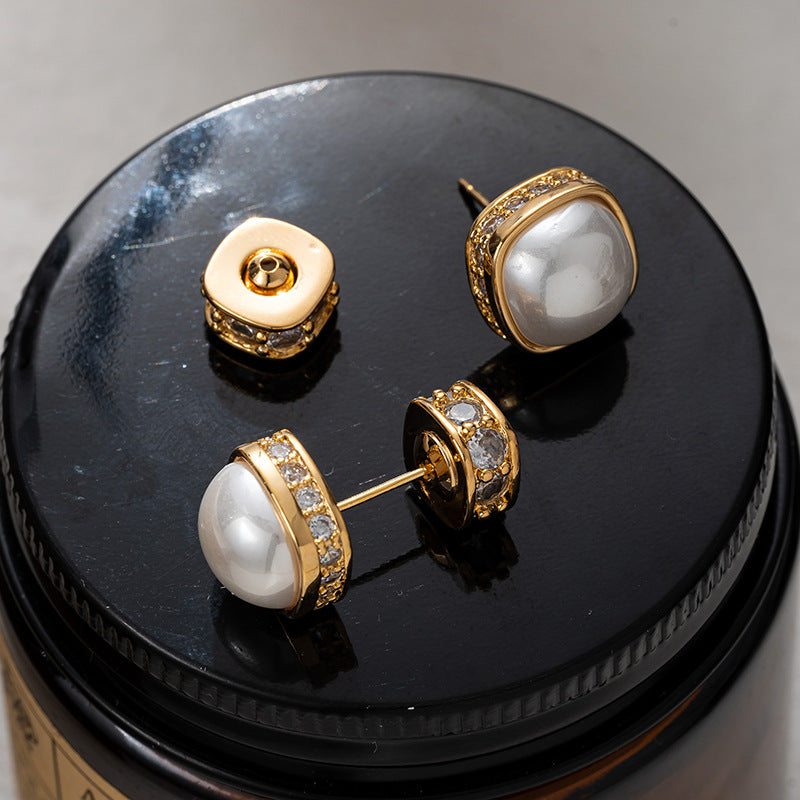 Light luxury pearl earrings, feminine, high-end, fashionable diamond-encrusted earrings, 2024 new French retro earrings-Mix MIx Style