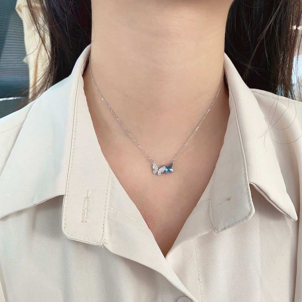 S925 sterling silver necklace for women Austrian crystal niche design high-end blue butterfly pendant clavicle chain for women-Mix MIx Style
