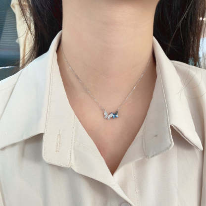 S925 sterling silver necklace for women Austrian crystal niche design high-end blue butterfly pendant clavicle chain for women-Mix MIx Style