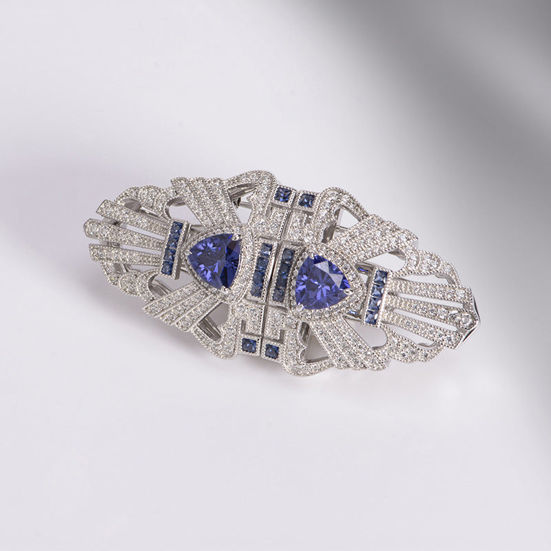 New Tanzanite blue retro silk scarf buckle S925 sterling silver gold-plated detachable double clip brooch wholesale-Mix MIx Style