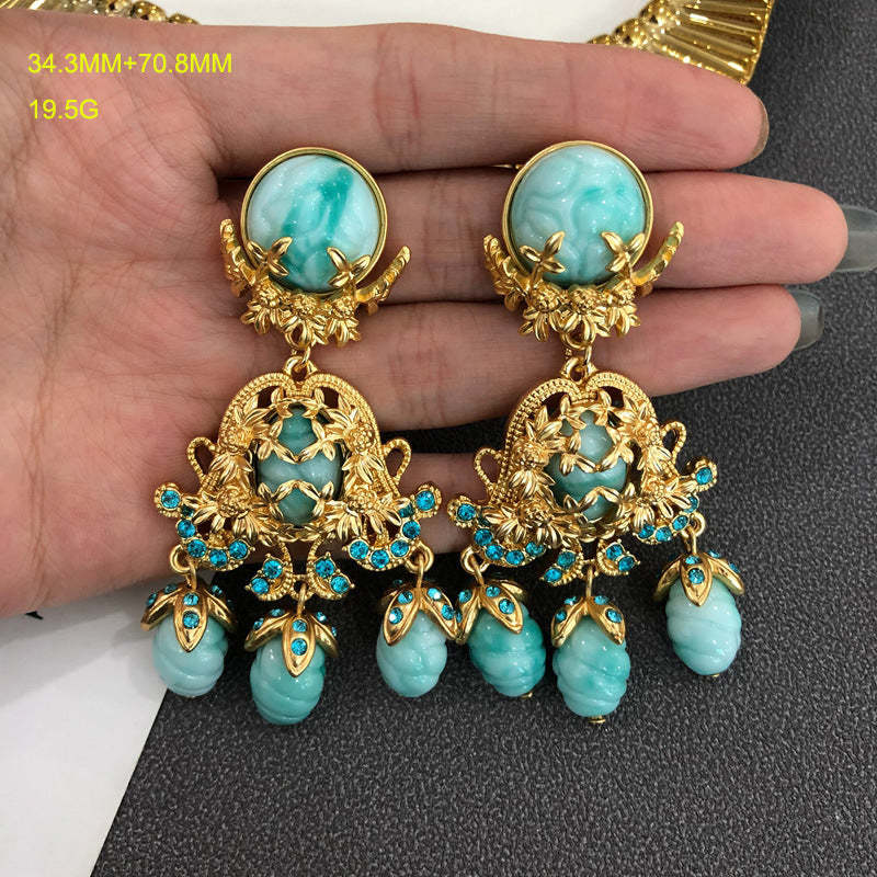 Aquamarine Blue Vintage Retro Classic Pendant Luxury 18k Gold Plated Necklace Earrings Jewelry Set | Mix Mix Style-Mix MIx Style