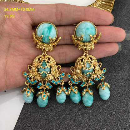 Aquamarine Blue Vintage Retro Classic Pendant Luxury 18k Gold Plated Necklace Earrings Jewelry Set | Mix Mix Style-Mix MIx Style