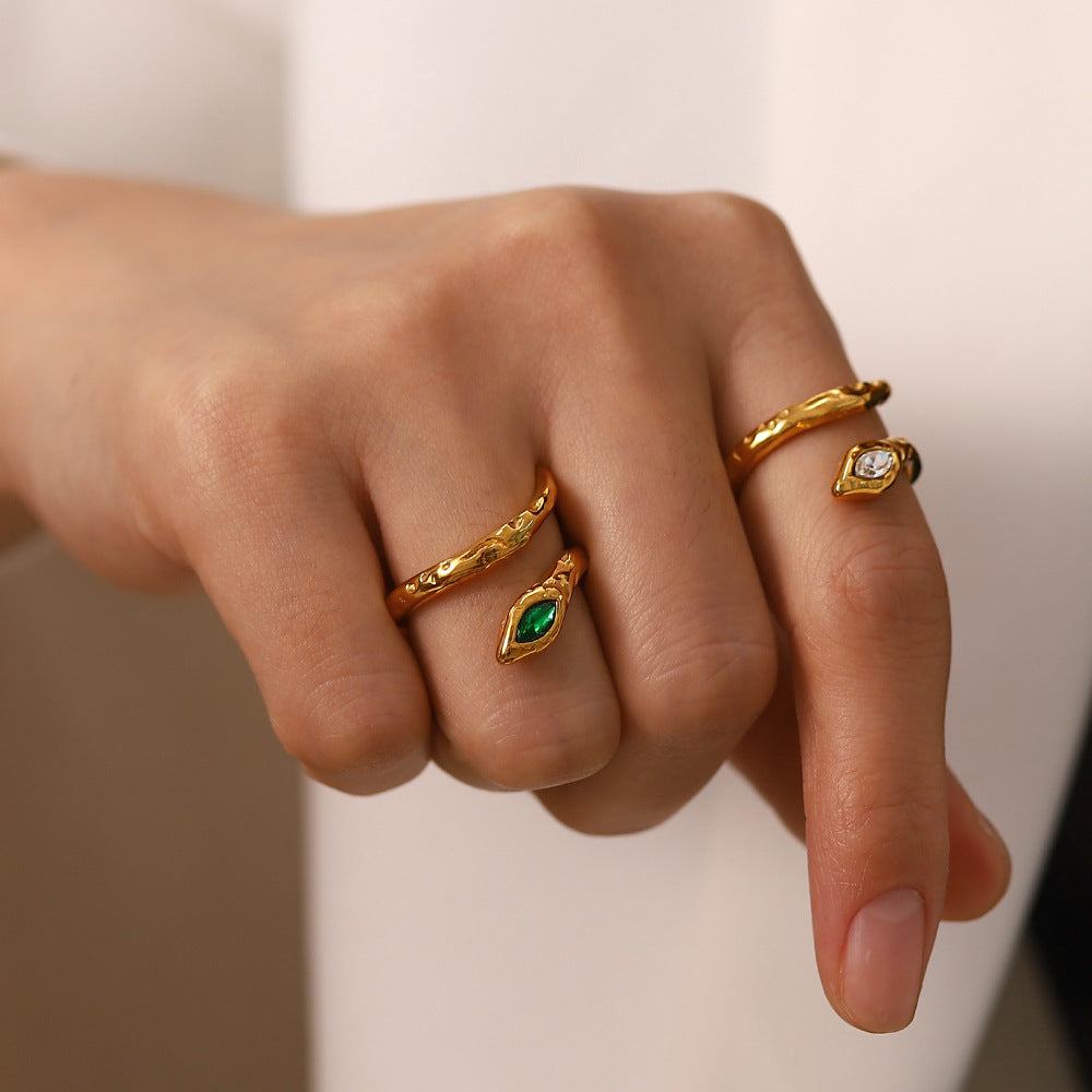 Niche design titanium steel index finger ring light luxury ins trend cold style lava snake-shaped opening inlaid with white/green diamond ring-Mix MIx Style