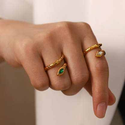 Niche design titanium steel index finger ring light luxury ins trend cold style lava snake-shaped opening inlaid with white/green diamond ring-Mix MIx Style
