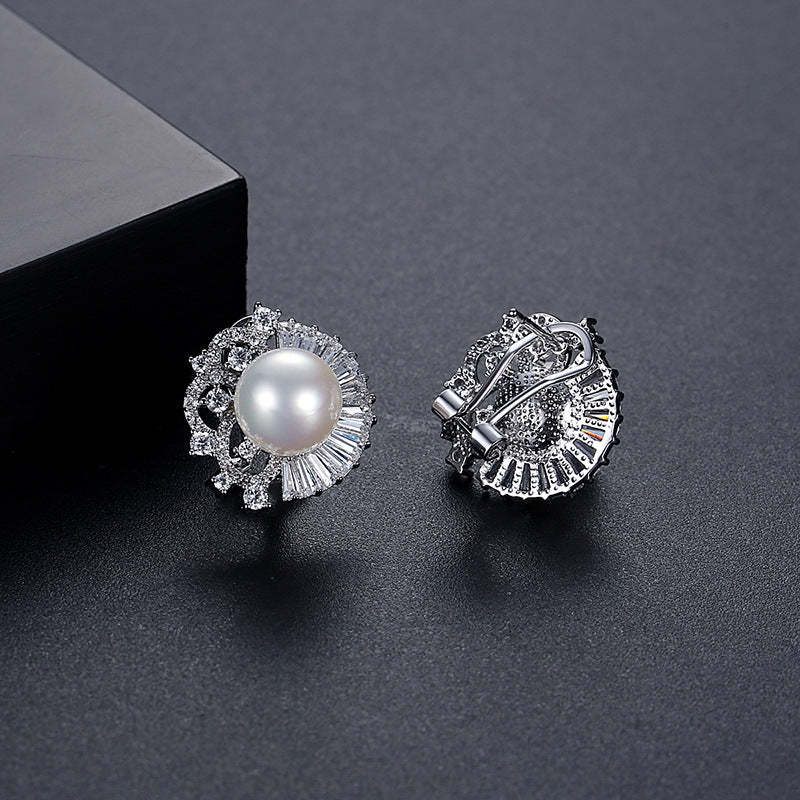 Jinse shell pearl earrings copper inlaid zircon earrings European and American fashion high-end niche earrings for women wholesale-Mix MIx Style