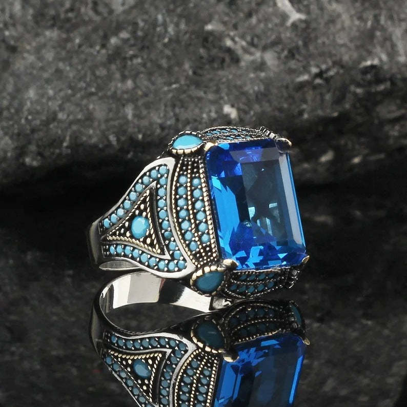 Retro Luxury Blue Radiant Cut Moissanite Diamond 18k White Gold Plated