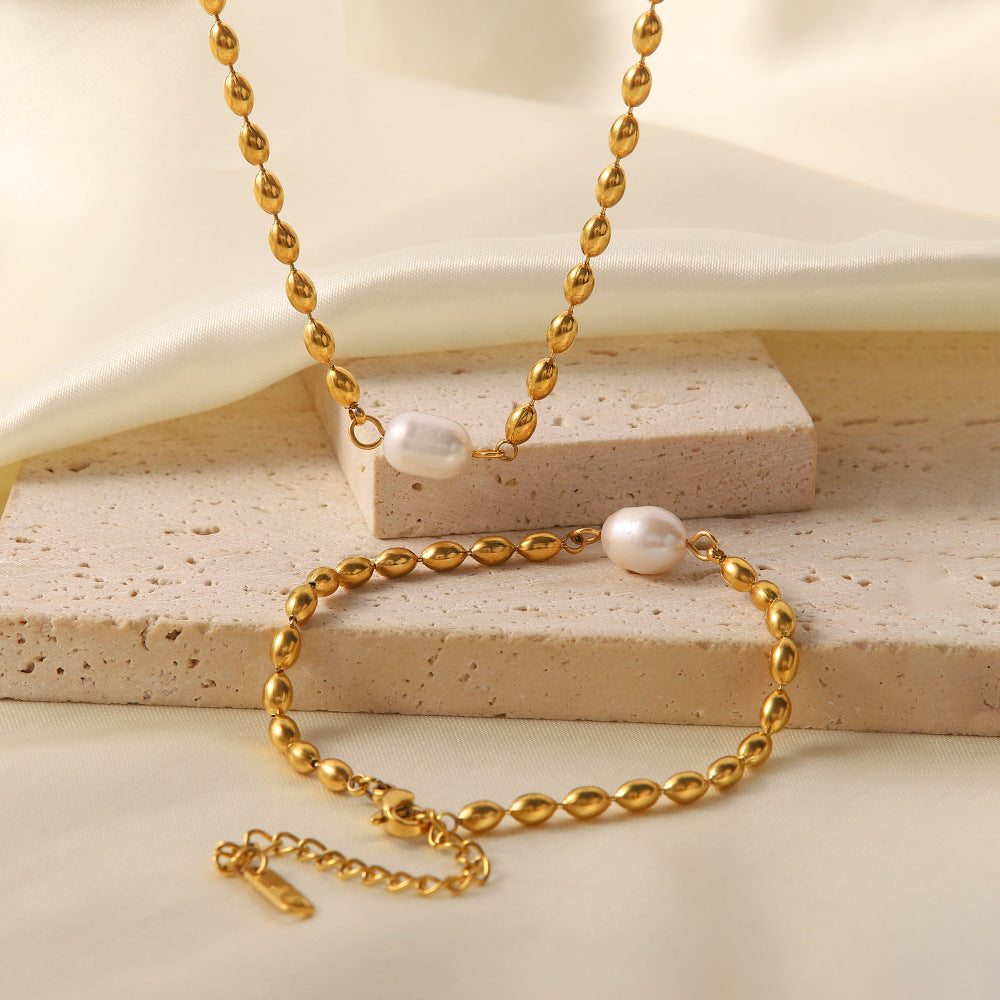 Minimalist Vintage Golden Beads Akoya Pearl Pendant Luxury 18k Gold Plated Necklace Bracelet Jewelry Set | Mix Mix Style-Mix MIx Style