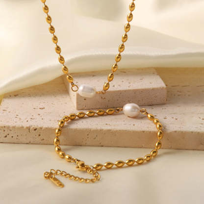 Minimalist Vintage Golden Beads Akoya Pearl Pendant Luxury 18k Gold Plated Necklace Bracelet Jewelry Set | Mix Mix Style-Mix MIx Style
