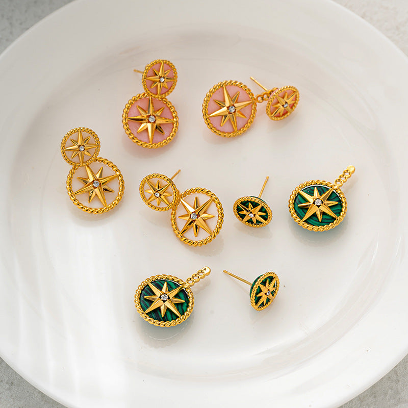 Compass eight-pointed star earrings for women high-grade malachite mother-of-pearl earrings 925 silver needle French temperament light luxury earrings-Mix MIx Style