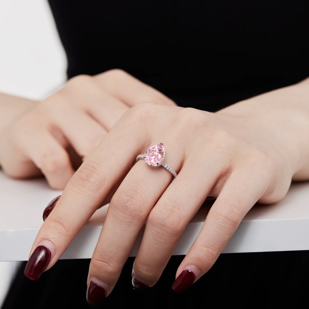 Dainty Pink Pear Cut Moissanite Diamond ct 18k White/Vermeil Gold Plated Engagement Ring | Mix Mix Style-Mix MIx Style