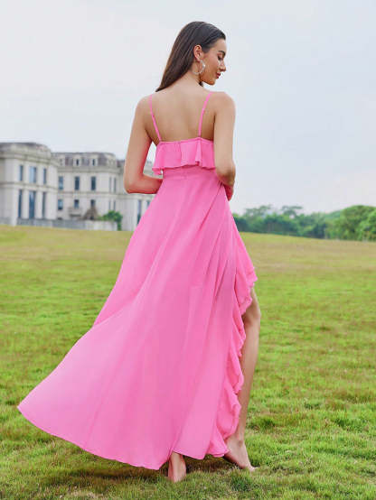 Pink Draped Ruffle Backless Double Slit Casual Birthday Valentine Maxi Dress | Mix Mix Style