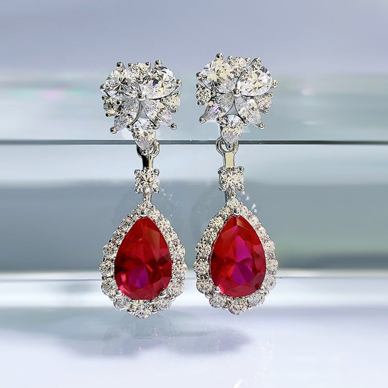 Red Dazzling Pear Cut Moissanite Diamonds Luxury 18k White Gold Plated Drop Earrings | Mix Mix Style-Mix MIx Style
