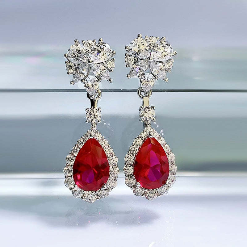 Red Dazzling Pear Cut Moissanite Diamonds Luxury 18k White Gold Plated Drop Earrings | Mix Mix Style-Mix MIx Style