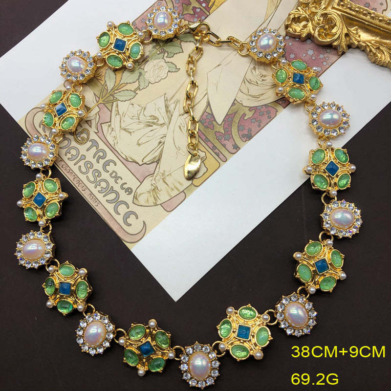 Green Flower Retro Akoya Pearls & Diamonds Luxurious 18k Gold Plated Necklace Bracelet Jewelry Set | Mix Mix Style-Mix MIx Style