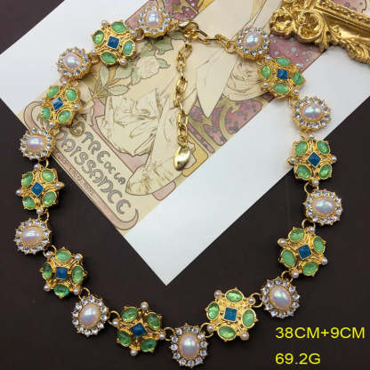 Green Flower Retro Akoya Pearls & Diamonds Luxurious 18k Gold Plated Necklace Bracelet Jewelry Set | Mix Mix Style-Mix MIx Style
