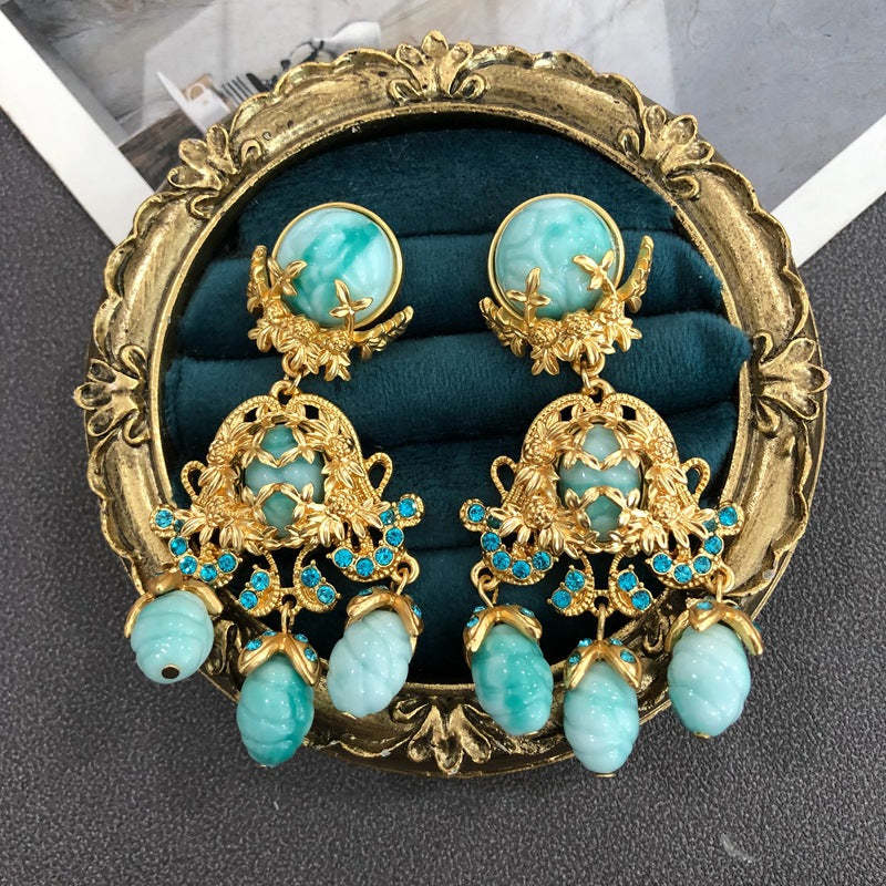 Aquamarine Blue Vintage Retro Classic Pendant Luxury 18k Gold Plated Necklace Earrings Jewelry Set | Mix Mix Style-Mix MIx Style