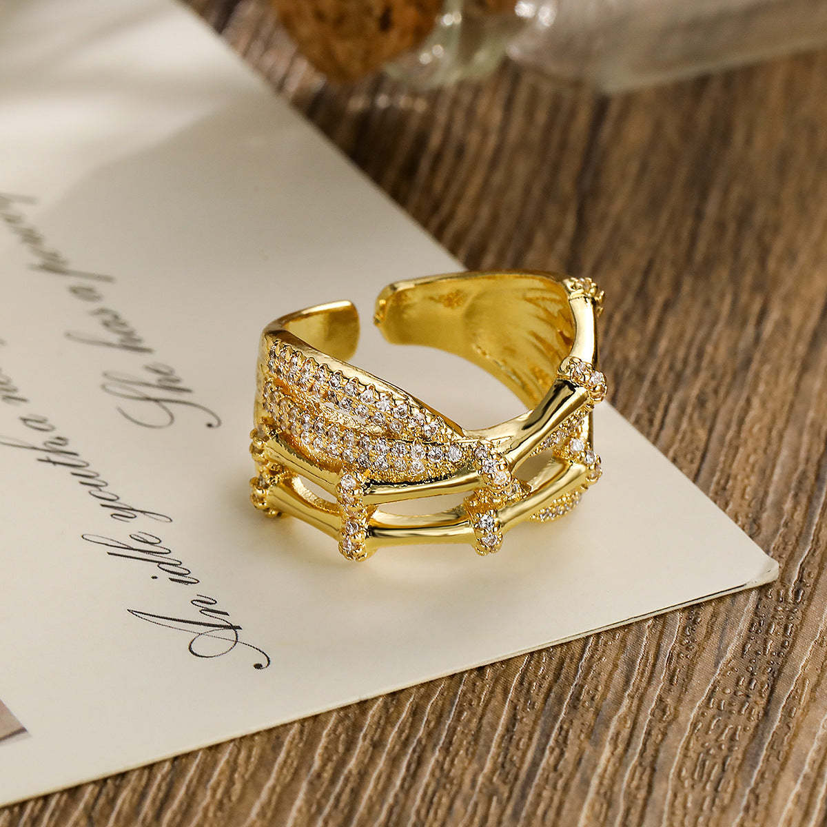 Aogu European and American light luxury high-end copper plated 18K gold zircon geometric open ring female niche temperament exaggerated ring-Mix MIx Style