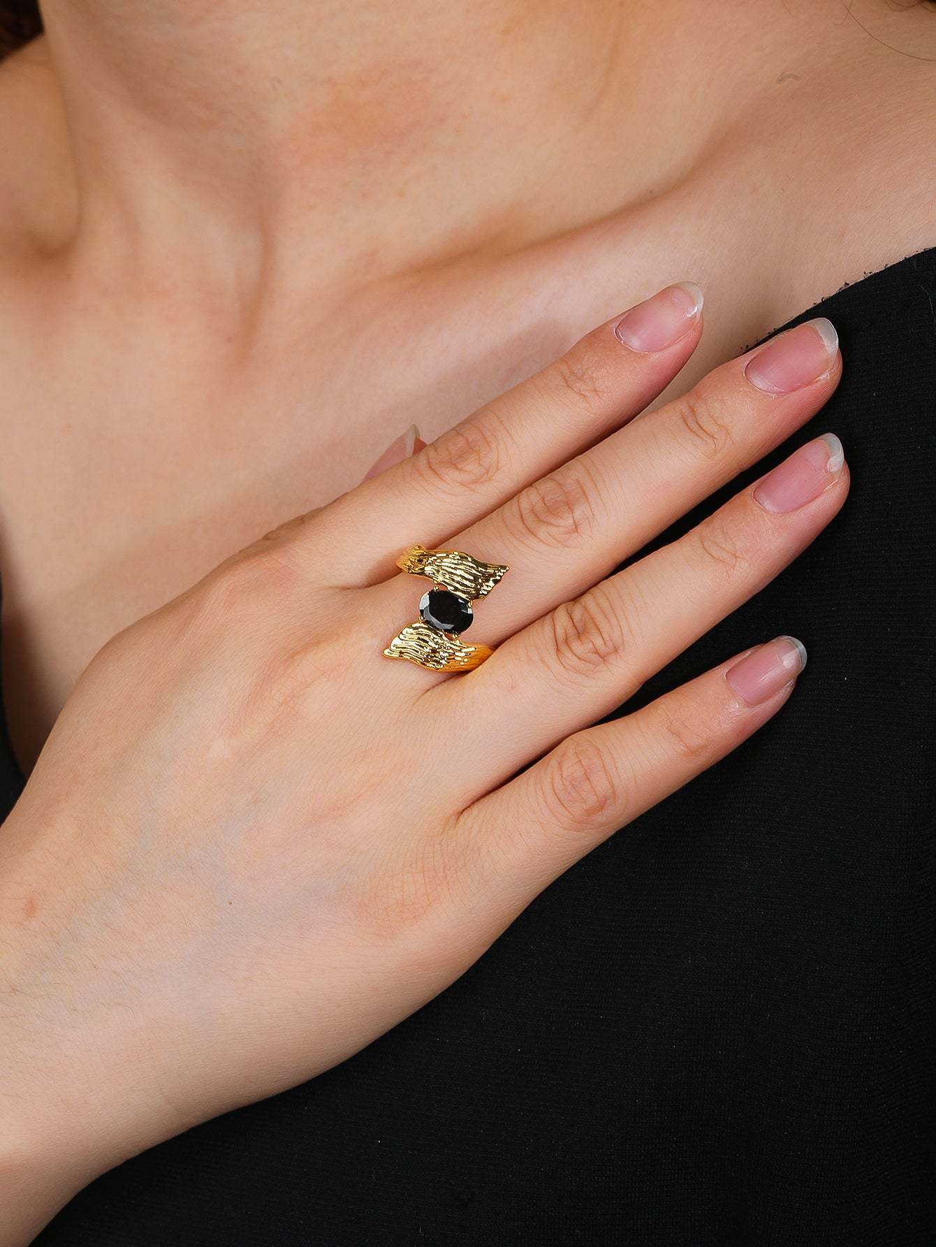 Wedding language original design new bark design with black zircon ring niche personalized ring opening adjustable-Mix MIx Style
