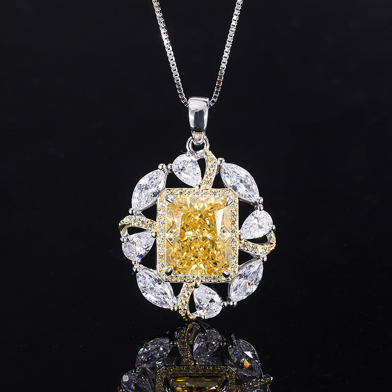 Yellow Vintage Retro Pendant Emerald Cut Diamond 5ct Luxury 18k Gold Plated Necklace & Ring Jewelry Set | Mix Mix Style-Mix MIx Style