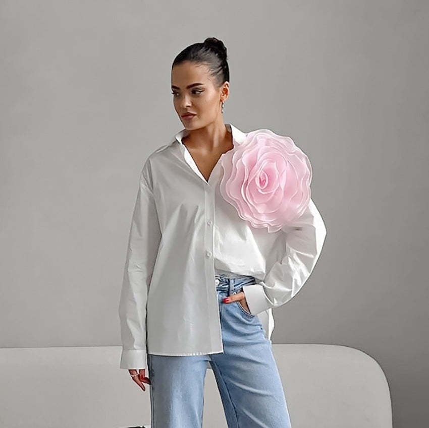 Summer new solid color simple fashion lapel three-dimensional flower versatile shirt Russian retro foreign trade women's shirt-Mix MIx Style